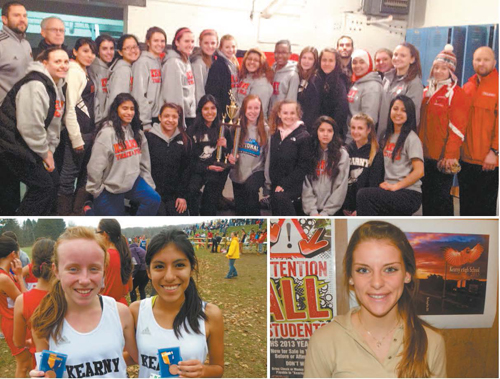 Top photo courtesy Al Perez, Bottom photos by Jim Hague TOP: The Kearny girls’ track and field team celebrate winning the Hudson County Track Coaches Association title, the school’s first since 1992. Front row from left are, Bianca Torales, Jessica Saraiva, Erika Alzamora, Aislinn Sroczynski, Lacey Burton, Wendy Carranza, Taylor Munro, Noemi Campos. Back row, from left, are head coach Al Perez, assistant coach Karen Lavelle, assistant coach Jim Cifelli, Alexis Castaneda, Melanie Araujo, Maria Huapalla, Anna Czykier, Elysaa Magee, Haley Durning, Mariah Davilla, Maria Angulo, Justine Curtis, Julia Coppola, Mellisa Castaneda, assistant coach Vin Almeida, Omayma Saadani, Caitlin Dow, Sabrina Magee, Lissette Villata, assistant coach Rob Kryzanowski. BOTTOM LEFT: The distance duo of Aislinn Sroczynski (left) and Erika Alzamora (right) helped propel the Kearny girls’ track team to their first Hudson County indoor track title since 1992. BOTTOM RIGHT: Kearny senior Haley Durning was sensational once again at the Hudson County indoor track championships, winning the 55-meter hurdles and the high jump, while finishing second in the long jump.