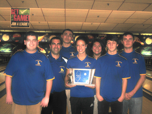 Photo courtesy of Michael Rizzo. The Lyndhurst bowling team won an NJSIAA state sectional title for the third time in four years and finished second overall in NJSIAA Group I. From l. are Massimo Sarracino, head coach Michael Rizzo, Jordan Lopez, Lexus Lopez, Emily Young, Mike Dul and Michael Hayes.