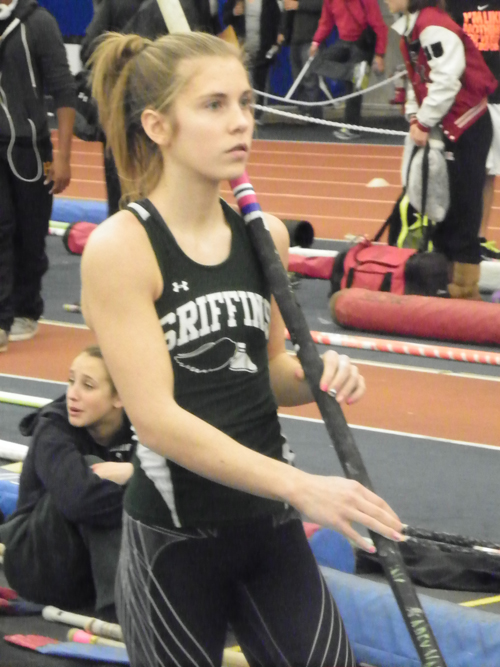 Photos by Jim Hague Sophomore Katherine “Kas” Rozalski mentally prepares for her chance in the pole vault at the Bennett Center in Toms River, where she finished sixth overall in the entire state.