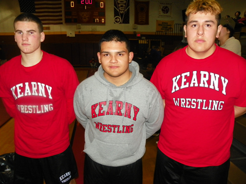 From left, Ryan Michaels, Jose Castillo and Renato Matta represent Kearny’s hopes in this weekend’s Region 4 tournament. All three Kearny wrestlers placed third last weekend at District 16 in North Bergen.