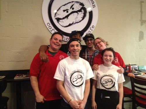 Cafe personnel: back, from l., Executive Chef Daniel Sullivan, Sous Chefs Robert Flythe and Chris Nazzarreto and co-owner Eileen Cassano; front, from l., dishwasher Thomas Hanson and server Natalie Cassano