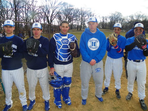 Photo by Jim Hague The Harrison Blue Tide baseball team is ready for action. From l. are pitchers Tom Dolaghan, Joshua Williams, catcher Emil Zorrilla, head coach Sean Dolaghan, Moises Roque and Sebastian Sanchez.