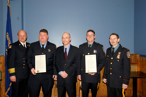 Photo by Det. Ray Lopez, KPD Shown at awards ceremony at American Legion Post 99 last Friday are (l. to r.): KFD Chief Steve Dyl; Thomas Atwell, Firefi ghter of Year; Kearny Mayor Alberto Santos; John Fabula, Police Offi cer of Year; and KPD Chief John Dowie.