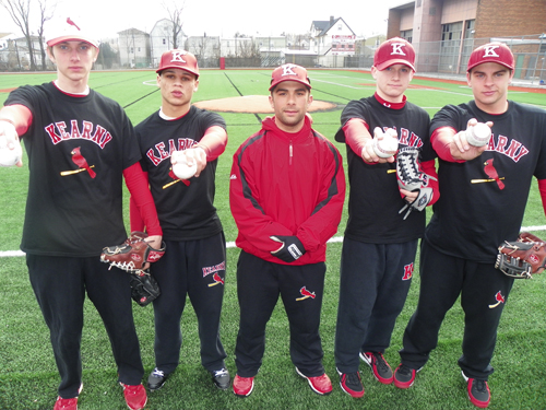 Photo by Jim Hague The Kearny pitching staff, from l., Albin Niedzielski, Eric Greenlee, head coach Frank Bifulco, Bryan Rowe and Kyle MacConchie, hold the keys to the Kardinals’ success this season.