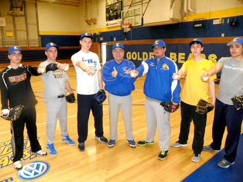 Photos by Jim Hague The Lyndhurst baseball team might not have experienced pitchers returning, but they certainly have plenty of available arms. From l. are Danny Tallent, Michael Polito, Max Hart, head coach Butch Servideo, Nick Galvez, Nolan Kelly and Jordan Lopez.
