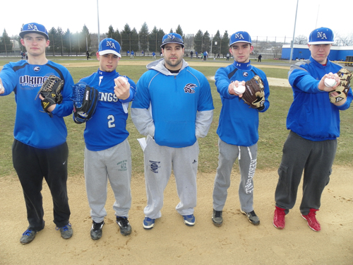 Photo by Jim Hague The North Arlington High School baseball team will look to pitchers, from left, Jeff Frytek, Mike Brazzel, head coach Paul Marcantuono, Eric Costela and Ryan Fego to lead the way this season.