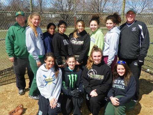 Photo by Jim Hague The Queen of Peace softball team looks to improve this season. Back row, from l., are assistant coach George Steel, Nikki Sammartino, Aisha Perez, Karina Cosme, Lorrenis Regal, Sofia Fernandez, Lindsay Monal and head coach Mike Flynn. Front row, from l., are Gabriella Lombardozzi, Jaime Nemeth, Raychel Piserchia and Amanda Reid.