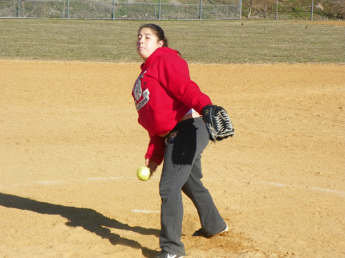 Photo by Jim Hague Freshman right-hander Carolynne Rivera holds the key to the Kearny softball season as the team’s new pitcher.