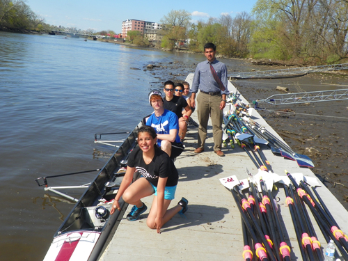Photo by Jim Hague The North Arlington novice 4 boys’ team, with coxswain Daniela Camacho, Vinny Ribeiro, Bryan Ugaz, Nathaniel DeLeon and Jose Antunes and head coach Fabian Cortez (standing) head to the river for a recent workout.