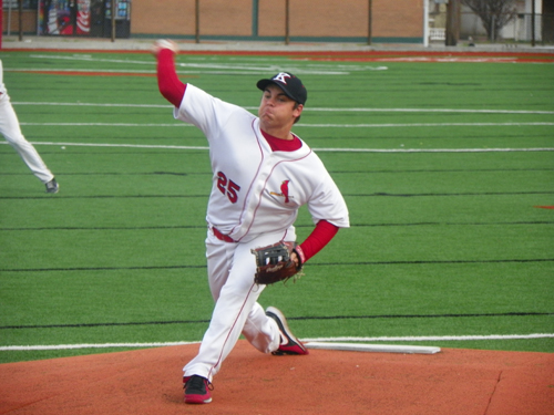 Photo by Jim Hague Kearny senior pitcher Kyle MacConchie, shown in action earlier this season, sustained a serious head injury when he was struck with a line drive during the Kardinals’ game against Hudson Catholic last Friday. MacConchie was treated at the Jersey City Medical Center and subsequently released later Friday night.
