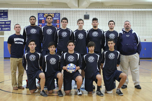 Photo courtesy of Ronald Shields The Harrison High School boys’ volleyball team upset state-ranked St. Peter’s Prep before falling to another state-ranked team Bayonne in the Hudson County Tournament finals last Friday night.