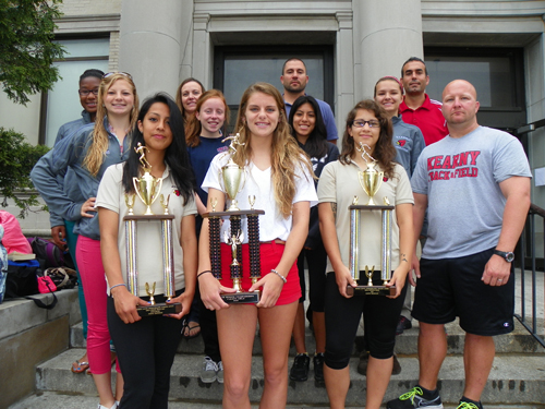 Photo by Jim Hague The Kearny girls’ track team won the Hudson County Track Coaches Association championship last weekend. Front row, from l., are Noemi Campos, Haley Durning, Melanie Garcia. Second row. from l., Mariah Davila, Aislnn Sroczynski, Erika Alzamora. Anna Czykier and Justine Davis, along with Assistant Coach Mandy Lavelle, Head Coach Vin Perez, Assistant Coach John Kryzanowski and Assistant Coach Vin Almeida.