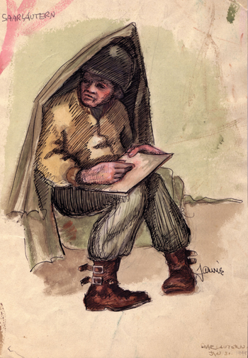 Courtesy of John Jarvie Jarvie created this image of another Ghost Army G.I. sketching in a tent in 1944.