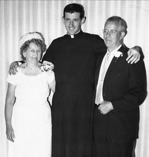 Photo courtesy of Msgr. Francis Seymour The Rev. Seymour with his parents, Mary Boyle Seymour and George Seymour, following his first solemn Mass, celebrated June 2, 1963, at St. Mary Parish, Bayonne.
