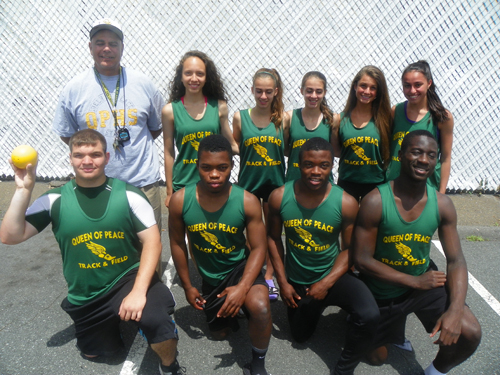 Photo by Jim Hague The Queen of Peace contingent got together before competing last week at the NJSIAA Meet of Champions in South Plainfield. Front row, from l., are Andrew Gonzales, Keith Momnohin, Kevin Momnohin and Michael Akanbi. Back from l., are head coach Nick Mazzolla, Natalie Negroni, Michele Mastrofillippo, Michaela Mastrofillippo, Melanie Zaros and Lia Rodriguez. .