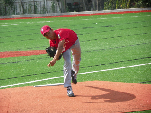 Photo by Jim Hague Sophomore-to-be Richard Joa unleashes a fastball during the Kearny summer baseball team’s game against Rutherford last Saturday morning at Franklin School Field.