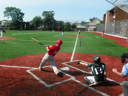 Photo by Jim Hague Catcher T.J. Witt unleashes a single during the Kearny summer baseball team’s game Saturday against Rutherford.