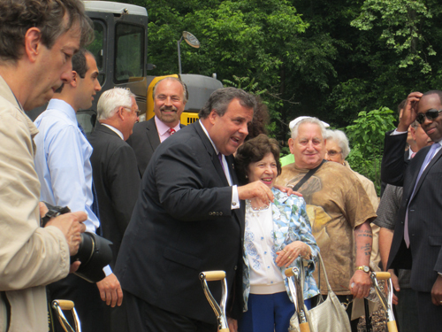 Photo by Ron Leir Gov. Chris Christie greets the crowd at ceremonial groundbreaking for new senior residence.