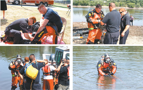 Photos by Karen Zautyk Lyndhurst Fire Department divers Mike Cerbo and Nicholas Haggerty suit up and brave the polluted Passaic.