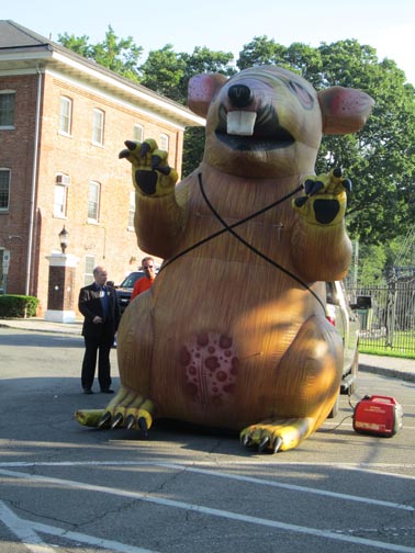 Photos by Ron Leir Inflatable rat and protestors greeted Nutley commissioners before last week’s meeting.