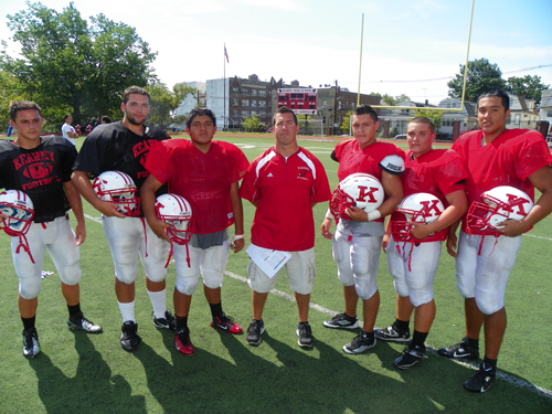 Photo by Jim Hague The Kearny High School football team welcomes a new head coach in 2013 in Nick Edwards. From l. are linemen T.J. Witt, Nick Springer, Edwin Machuca, Edwards, Byron Quevedo, Owen Martinez and Joe Rodriguez.