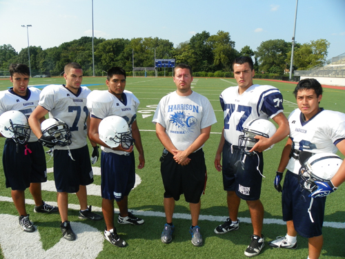 Photo by Jim Hague The Harrison High School football team will look to new head coach Matt Gallo to lead the way this season. From l. are Ariel Martins, Rich Lopez, Axel Carmona, Gallo, John DaCosta and Brandon Perez.