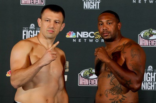 Photo courtesy of Main Events Kearny’s Tomasz Adamek (l.) met with opponent Dominick Guinn at last Friday’s weigh-in. A day later, Adamek dominated Guinn in a 10-round decision, his first fight in over seven months.