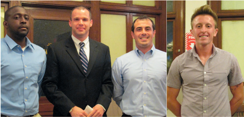 Photos by Ron Leir New hirees, from l., are: Police Offi cers Jordenson Jean, Kevin Arnesman and Daniel Esteves, and Firefi ghter Sean Brady.