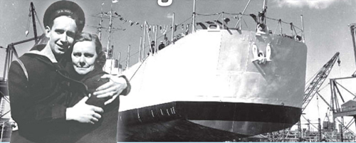 Photos courtesy Raymond Testa USS Juneau at its launching from old Federal Shipyard in Kearny. Among the crew was Harrison’s William Meeker, seen here with his mother (inset), before setting sail on an ill-fated voyage.