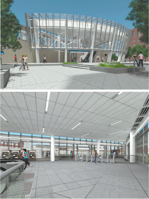 Renderings courtesy Port Authority of N.Y. & N.J. A landscaped plaza (top) will greet commuters to the future Harrison PATH station (bottom) where elevators will convey to platforms.