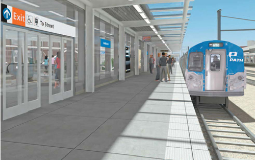 Rendering courtesy Port Authority of N.Y. & N.J. Commuters will find wider platforms and 10-car trains at new Harrison PATH station.