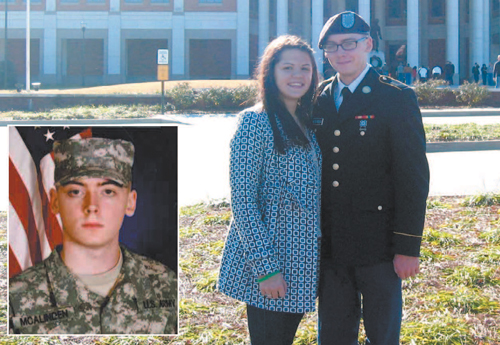 Photos courtesy Christine Griffin Army Pvt. Shane McAlinden (inset), shown in his fatigues, and w ith fi ancee Kayla Lockart in front of military museum at Ft. Benning, Ga.