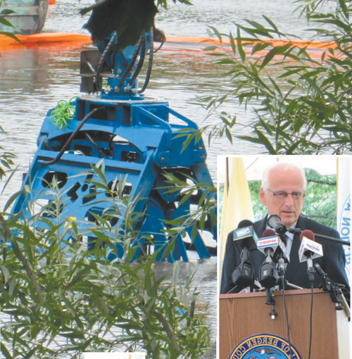 Photos by Ron Leir As cleanup of the Passaic River continues, Rep. Bill Pascrell (inset) is battling Gov. Chris Christie over allocation of funds to remove pollutants from the water.