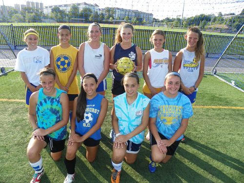 Photo by Jim Hague The Lyndhurst girls’ soccer team will be much better this year, provided the players can stay healthty. Front row, from l., are Claudia Engels, Gabriella Franchino, Brittany Ferreira and Gianna Nerney. Back row, from l., are head coach Kim Hykey, Sara Barreiros, Dina Ingenito, Bianca Fata, Nicolette Carrion and Joanne Arvanitakis.