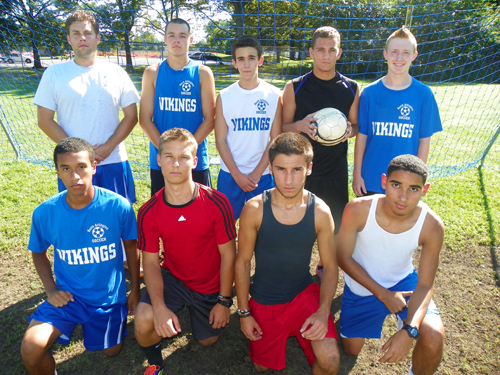 North Arlington looks to be a threat in the NJSIAA North 2, Group I bracket this fall. Front row, from l., are Ed Lozado, Conrad Malinowski, P.J. Sirotiak and Moises Polanco. Back row, from l., are head coach Jesse Dombowski, Ryan McKenna, Ricardo Alves, Joe Cappelluti and Frank Pace.