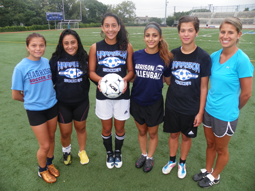 Photo by Jim Hague The Harrison girls’ soccer team looks to be improved this season. From l. are Chelsea Uribe, Katherin Merino, Alexia Garrison, Cindy Passos, Lucy Pinto and head coach Annemarie Sacco.
