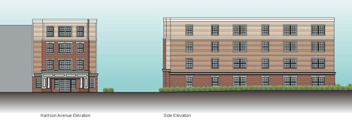 Rendering courtesy Steven Cohen Architect’s rendering showing front and side perspectives of senior residence to be built in Harrison.