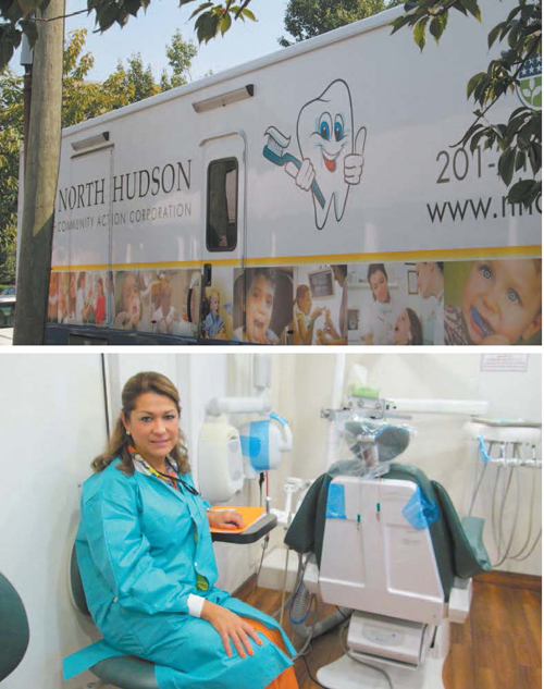Photos by Ron Leir North Hudson CAC mobile dental van (top) came to Kearny last week. Inside, Dr. Mercedes Rabeiro-Wert, the dentist assigned to the unit, sits in her “office.”