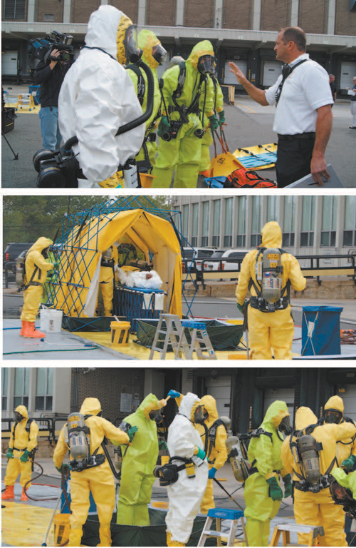 Photos by Karen Zautyk From top: At Postal Service drill, fi rst responders get fi nal instructions; an ‘injured’ employee on gurney undergoes decon; the decontaminators themselves are cleaned up.
