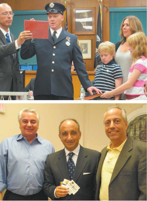Photos by Ron Leir TOP: Fire Capt. George Harris is sworn in by Mayor Alberto Santos as son Jack, daughter Mia and wife Tracey look on. BOTTOM: Proponents of Property Tax Rewards Program, from l., are UEZ Director John Peneda, with Carmine DeFalco and Frank Capria of Fincredit.