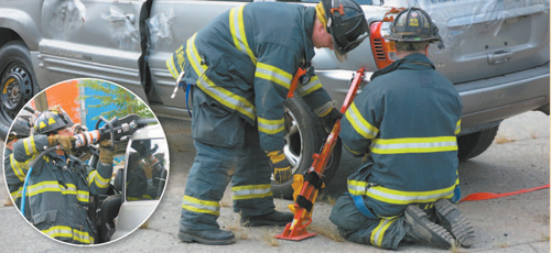 Photos courtesy Harrison Fire Department Harrison fi refi ghters train with newly acquired rescue tools. After securing vehicle with jacks, men practice (inset) cutting open part of vehicle.