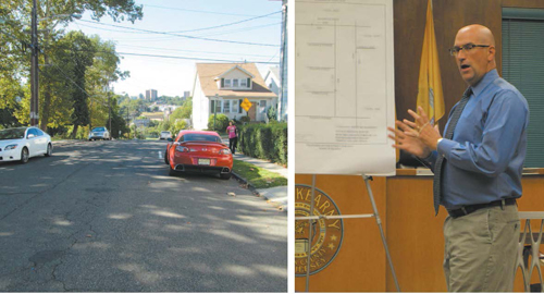 Photos by Ron Leir Engineer Brian Intindola tells residents why Afton St. should continue two ways, as seen l., between Belgrove Drive and Passaic Ave.