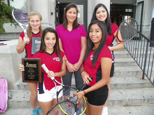 Photo by Jim Hague Both the Kearny High School girls’ tennis first and second doubles teams won Hudson County Tournament championships recently. Front row, from l., are first doubles champs Gabriella Robles and Jessica Martinez. Back row, from l., are second doubles champion Mallory McBride, head coach Amy Lasker and second doubles champ Monica Shenoda.