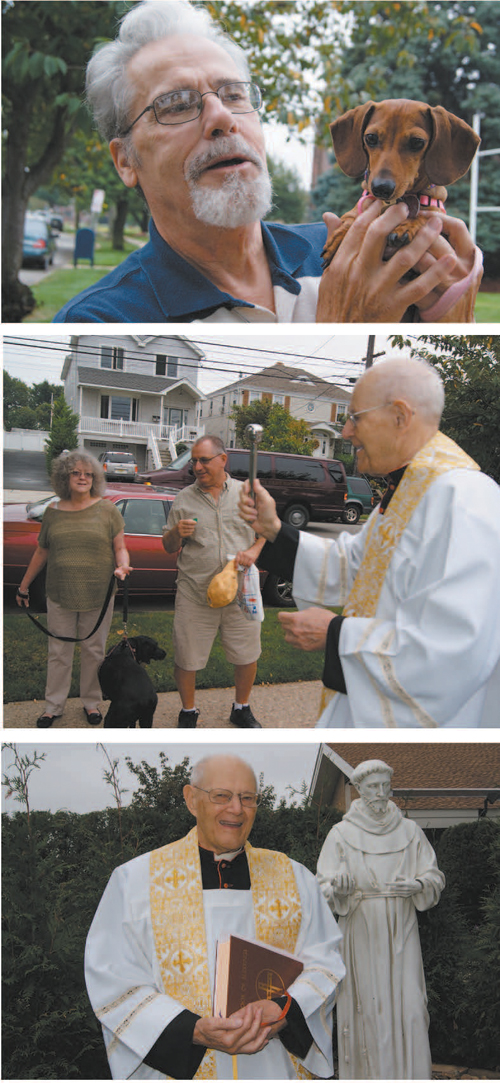 Photos by Karen Zautyk Feast of St. Francis (from top): Tiny, little Sadie from Harrison, with her human Ray Wolff; Msgr. John Gilchrist blesses Jet, who accompanied Rosemary and Walter Stutz; Gilchrist after dedicating new statue.