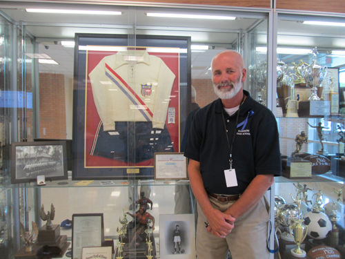 Photo by Ron Leir Ron Shields and his dad’s Olympic uniform.