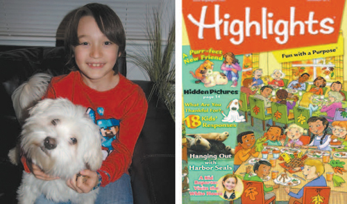 Left photo courtesy Monica Koby; right photo courtesy Highlights for Children Gabriel Koby and Bolt at home (l.) and an advance look at next month’s Highlights cover page that includes Gabriel’s drawing of Bolt.