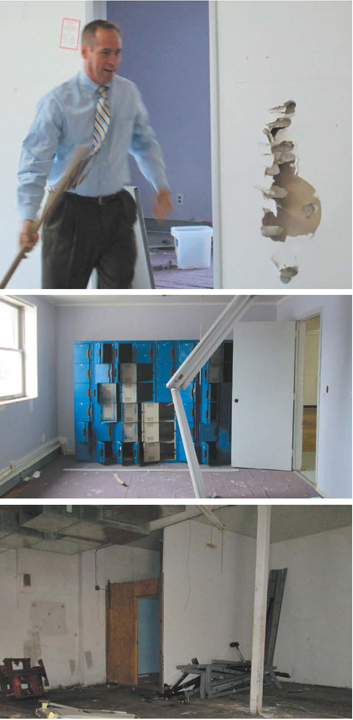 Photos by Ron Leir Operations Director Mark Bruscino hammers out a second-floor wall in the Midland Ave. building last occupied by a private school. Remnants of lockers and classroom space will be replaced by new offices.