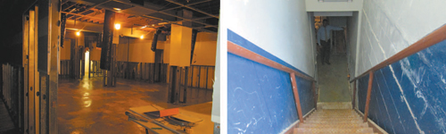 Photos by Ron Leir New classrooms will occupy basement level (l.) which will be accessed by stairway and elevator. Mark Bruscino (r.) points to area where elevator shaft will be installed.