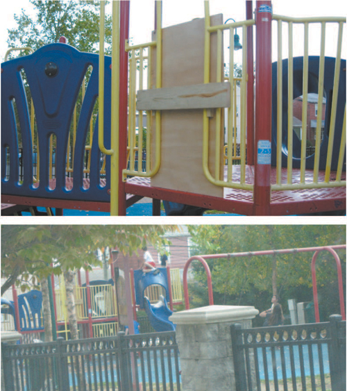 Photos courtesy Kearny DPW TOP: Plywood cover missing clover leaf support. BOTTOM: Older boys climbing on play structure captured by town’s public works camera.