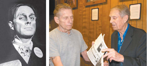 Left photo courtesy of Wikipedia. Right photo by Karen Zautyk Zacherley in his heydey, and Zach (r.) sharing memories with a fan in Lyndhurst